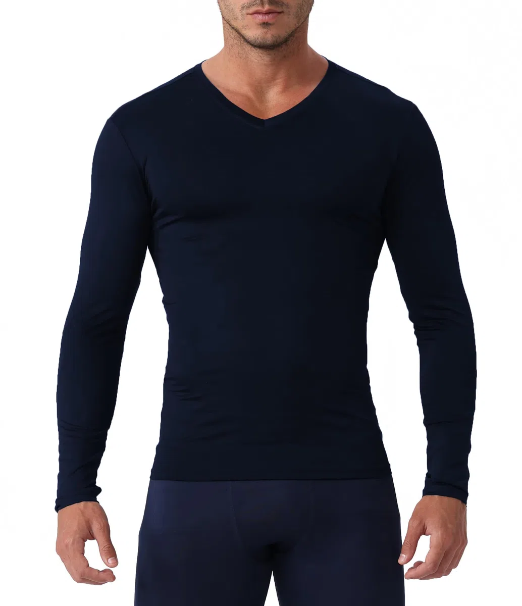 Camiseta de compresión para hombre, cuello en V, manga larga, camiseta de entrenamiento, fresca, para gimnasio, deportes activos, capa base