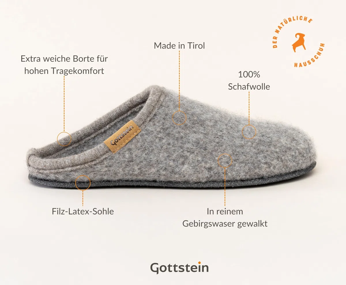 Gottstein Zapatillas de estar por casa de fieltro Alpine Light Natur – Zapatillas para hombre y mujer de pura lana virgen con suela de látex antideslizante