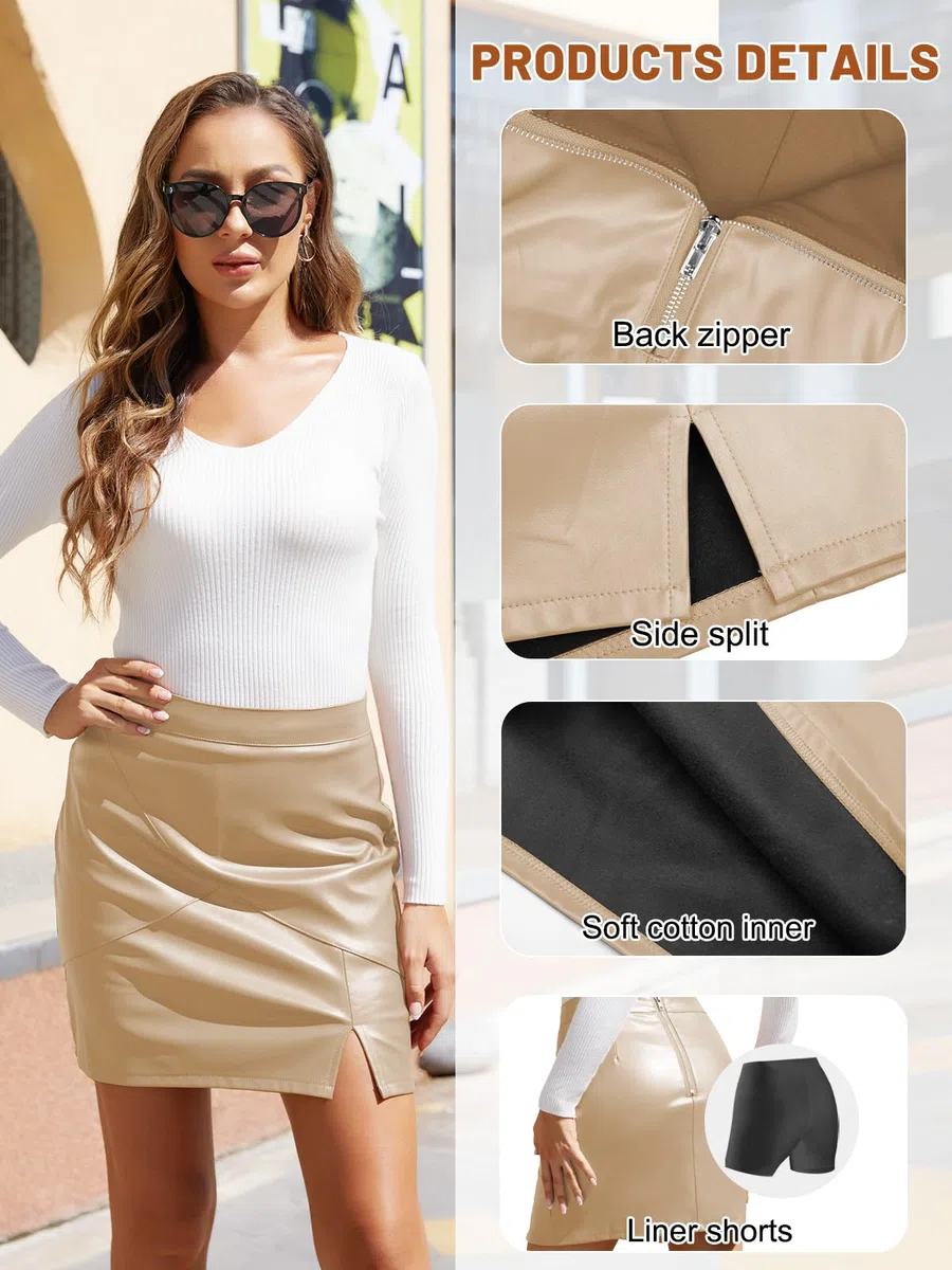 We1Fit Falda de piel sintética para mujer, de cintura alta, entallada, con pantalones cortos
