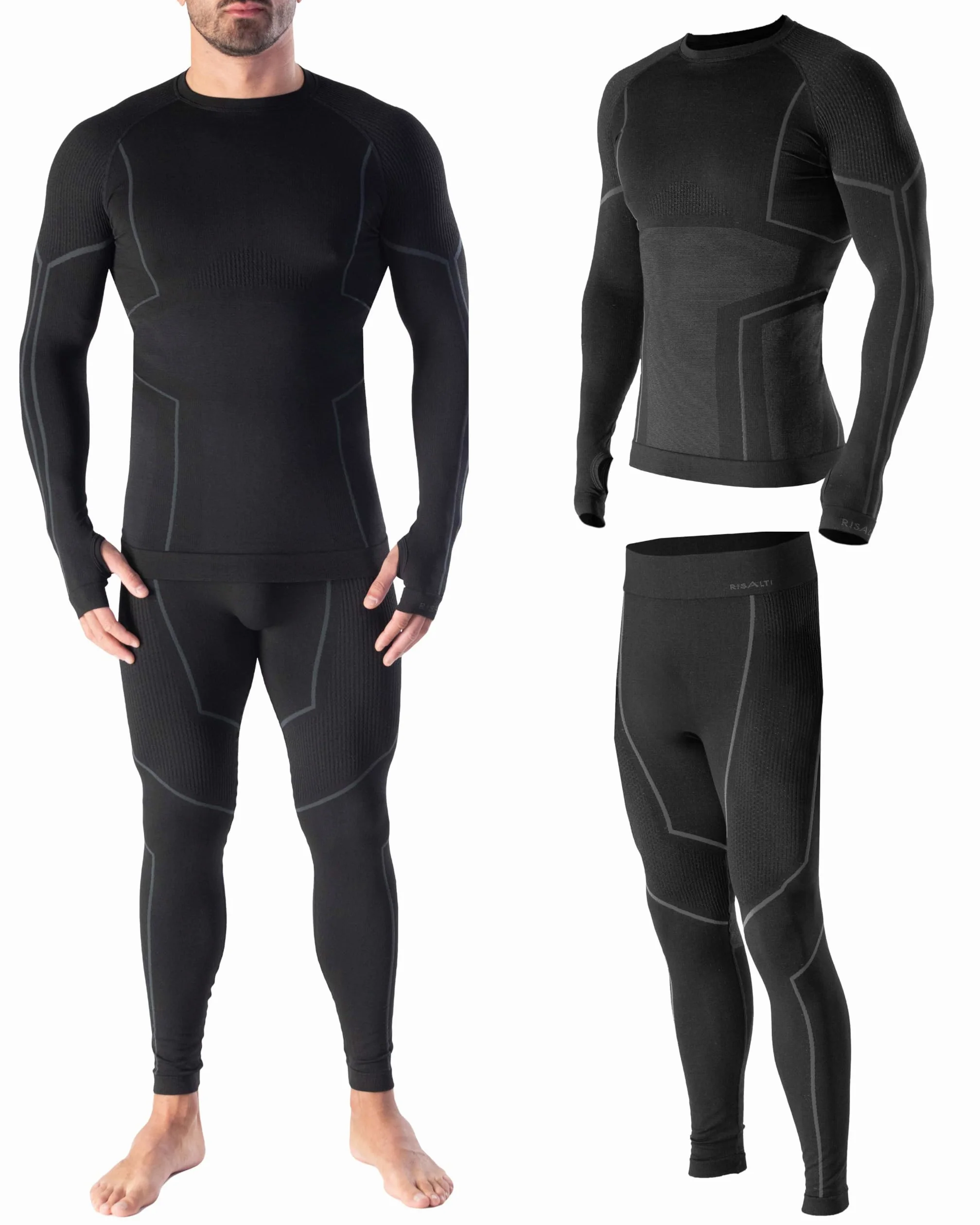 Risalti Ropa Termica Hombre Frio Lana Merino Tech – Camiseta Termica Hombre Manga Larga y Mallas Lana Merinos, Ropa Interior Invierno Transpirable y Termorreguladora, Seamless – Made in Italy