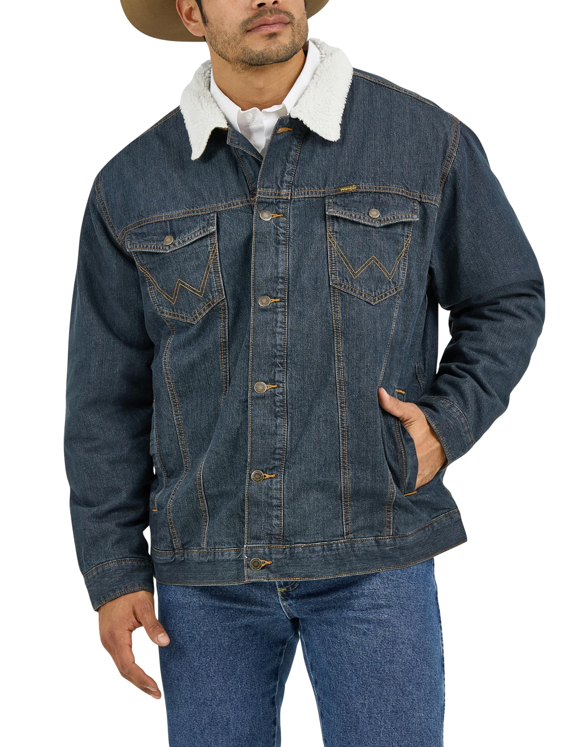 Wrangler Chaqueta vaquera con forro vaquero para hombre, corte vaquero