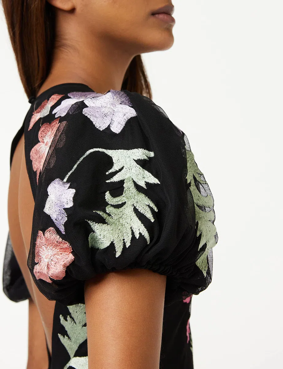 Maya Deluxe Womens Maxi Dress Ladies Floral Embroidered Open Back Puff Sleeves Dress For Wedding Guest Bridesmaid Prom Occasion Vestido Mujer