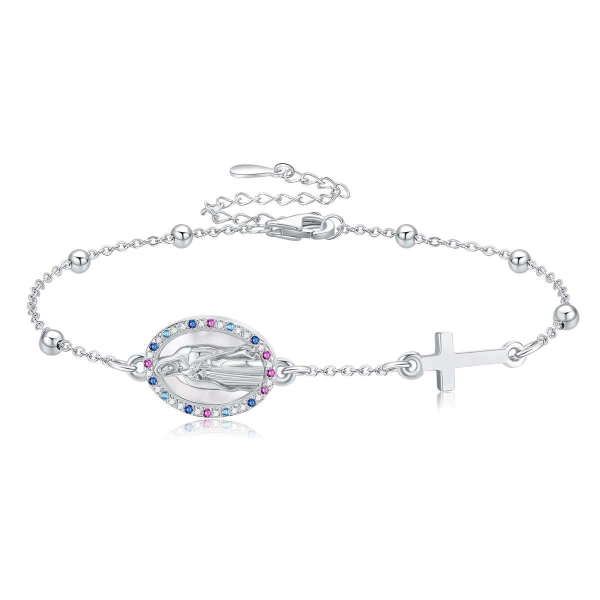 URONE Pulsera de la Virgen María de Plata de Ley con Rosario y Cruz Colgante Pulsera "Virgen de Guadalupe" Joyería Cristiana Regalos para Mujer