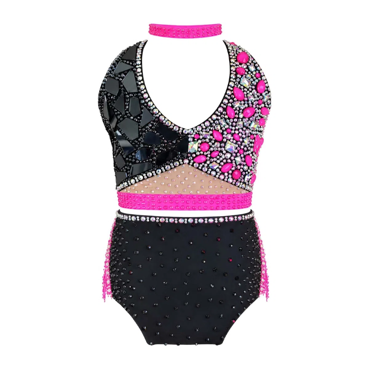 Traje de Danza Lírica Mujer Dos Piezas Cuello Alto con Gemas para Gala