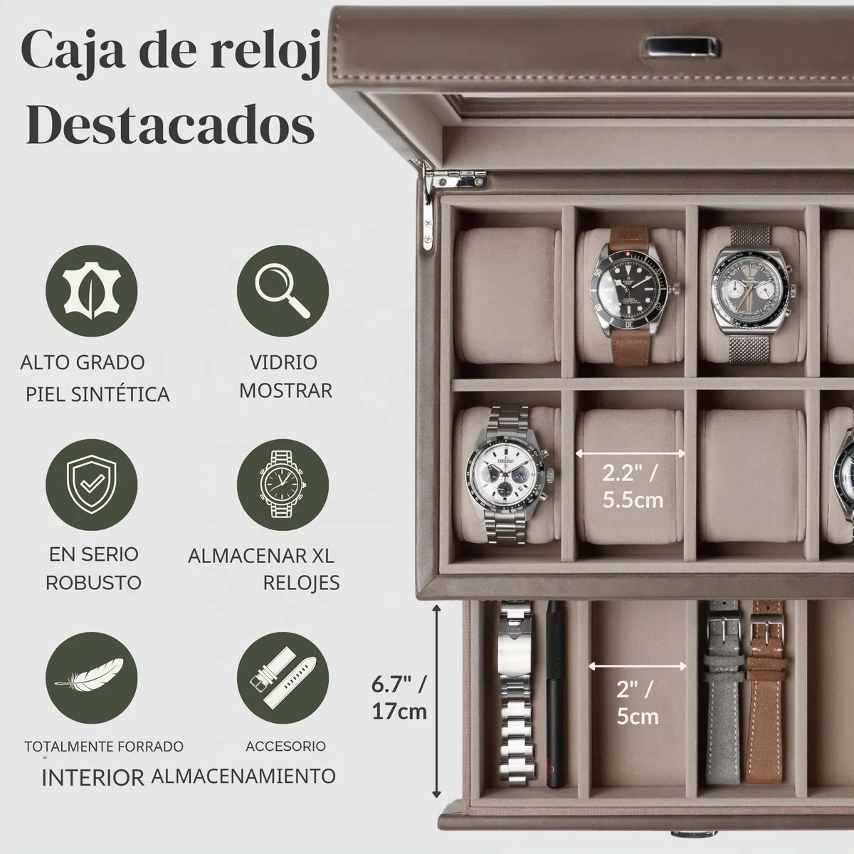 TAWBURY Caja de reloj de 8 ranuras, unisex, con cajón de almacenamiento, pantalla de cristal real y almohadas extra anchas para relojes grandes (gris pardo)