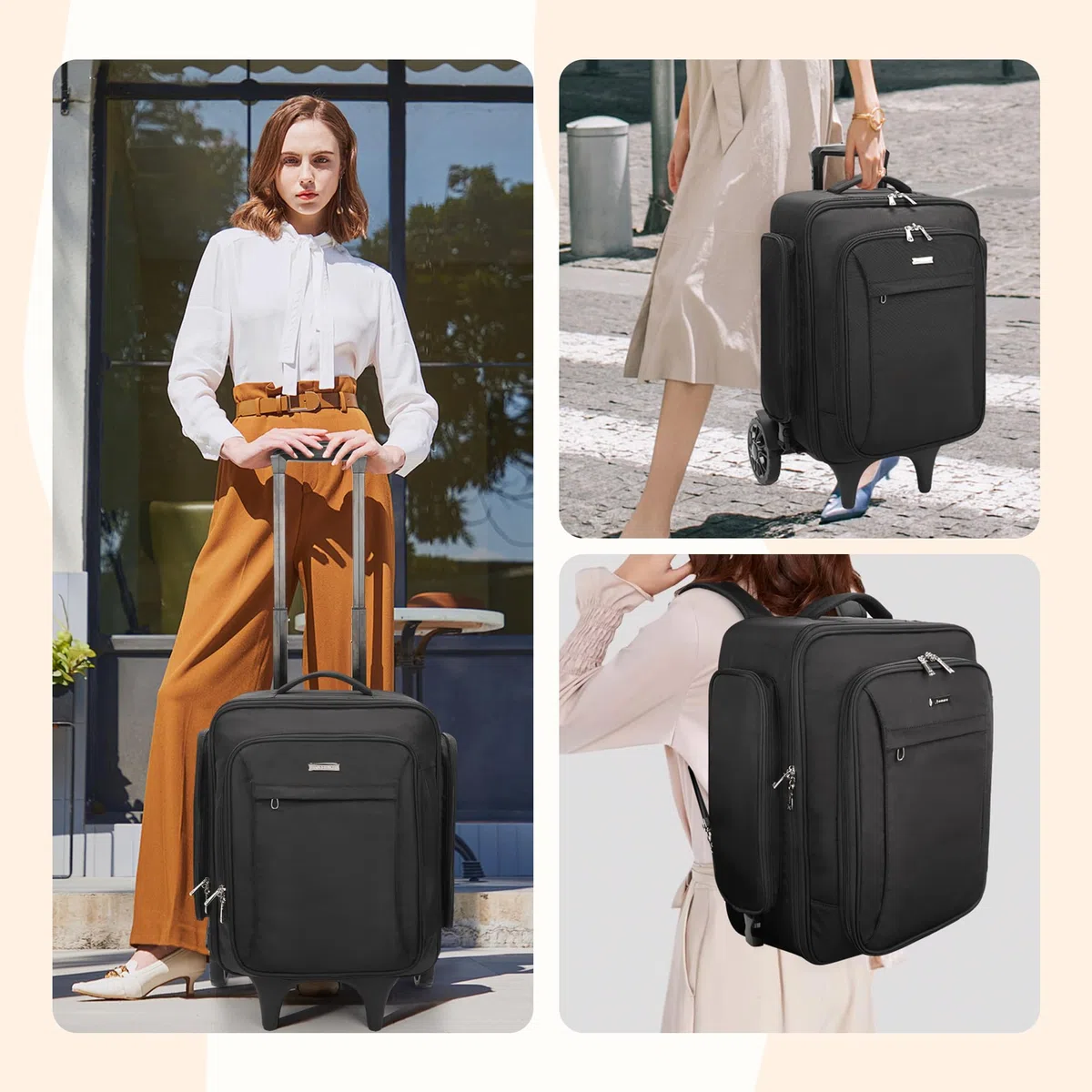 Estuche de cosméticos enrollable con 4 pequeños neceseres - Organizador de cosméticos de viaje grande con 2 ruedas grandes, mochila profesional para artista cosmético, color negro