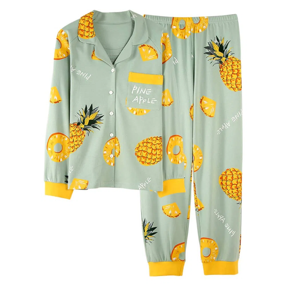 YUHOOE Conjunto De Pijamas De Mujer,Conjunto De Pijama De Manga Larga Algodón Estampado De Piña Lindo Botones Ropa De Dormir Tops & Bottom Pjs Set Nightwear Loungewear For All Seasons, Verde, M