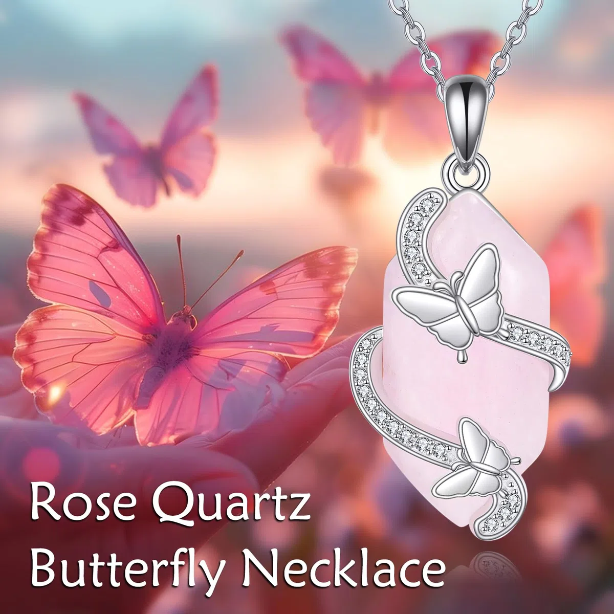 ONEFINITY Collar de cuarzo rosa de plata de ley 925 con colgante de mariposa, cristal rosa, joyería de cuarzo rosa para mujer