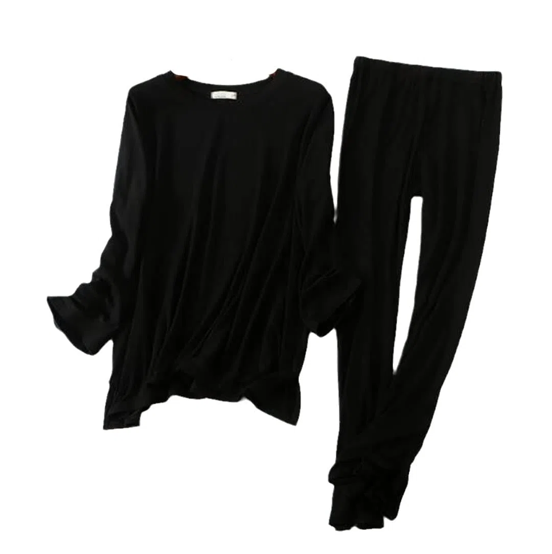 Conjunto de pijama de manga larga de algodón modal cómodo otoño e invierno para mujer, Negro, XXL