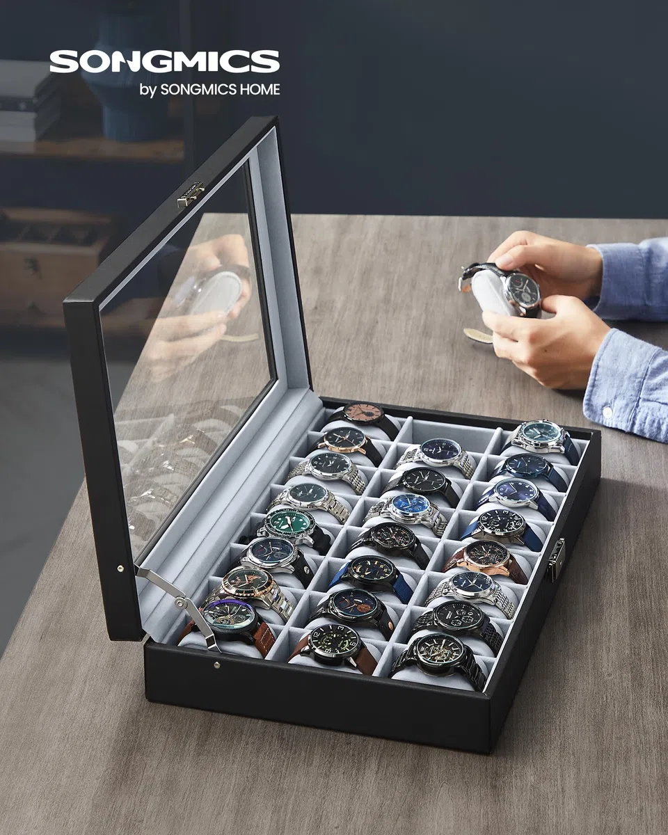 SONGMICS Caja de Relojes, Estuche de Relojes con Cierre, con 24 Ranuras, Tapa de Cristal, Regalo para Seres Queridos, Cuero Sintético, Forro Gris y Superficie Negro Tinta JWB024