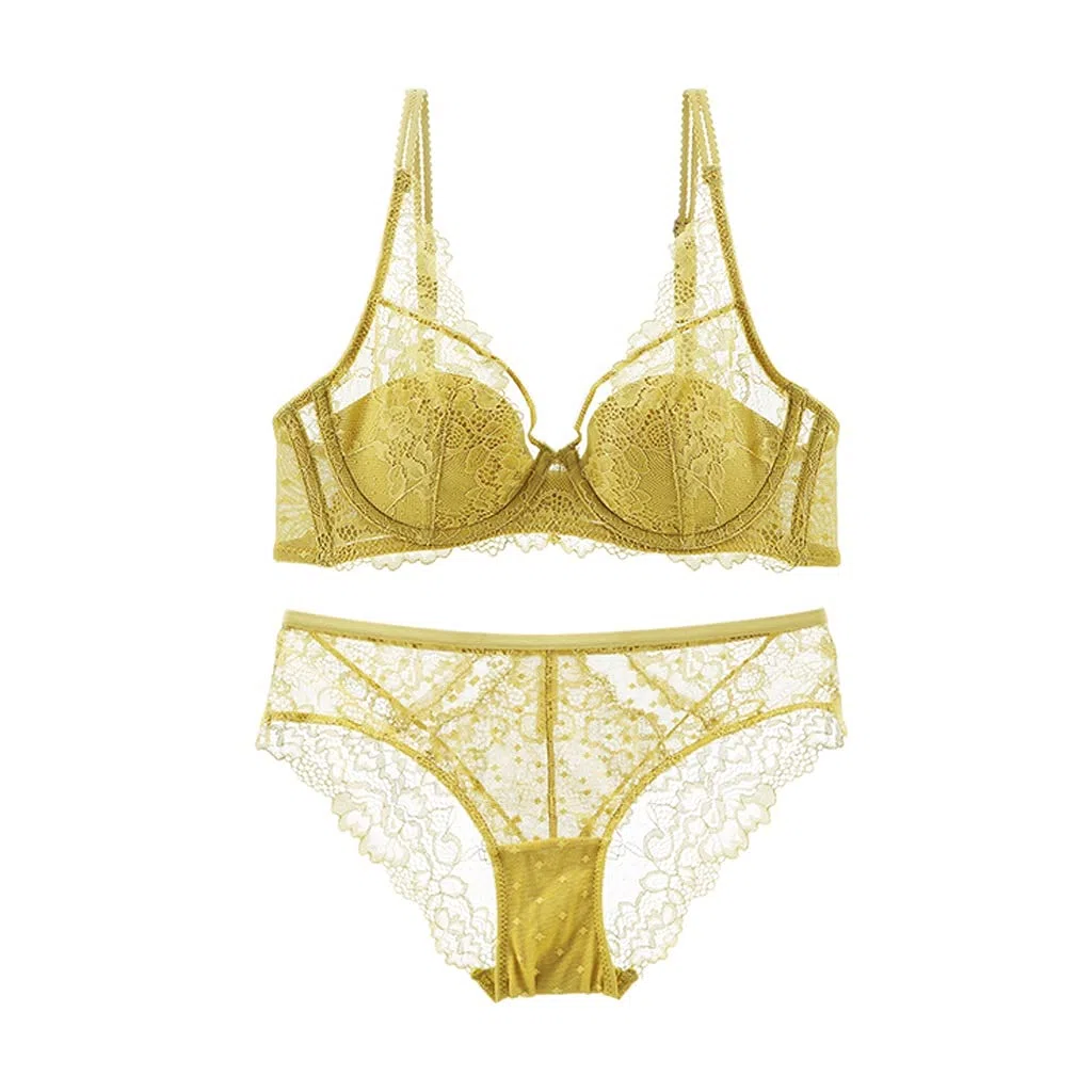 Conjunto de Ropa Interior de Encaje Sexy con patrón de Aros con Relleno Fino de realce para Mujer