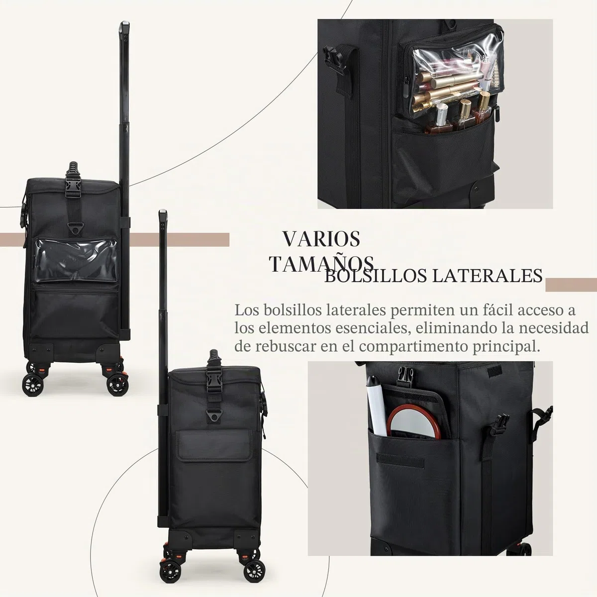 Maleta Maquillaje con Ruedas Maletín de Maquillaje Profesional 4 en 1 Maletin Peluqueria en Tela Oxford Carro de Maquillaje con 3 Cajones Caja Maquillaje, Esteticista y Manicurista, Negro