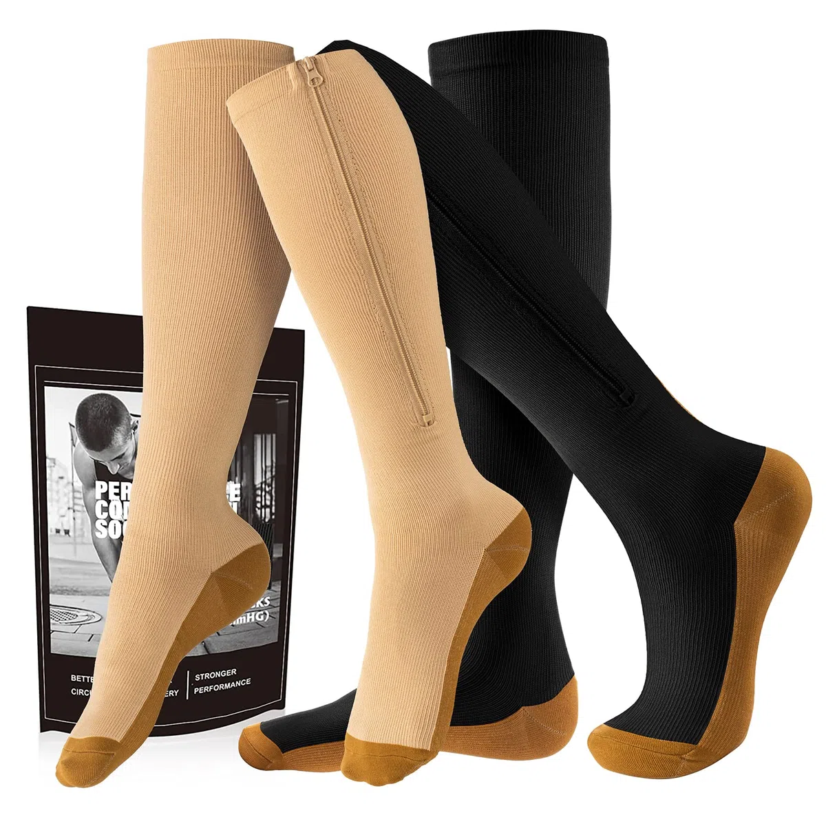 cerpite Calcetines de compresión con cremallera para hombre y mujer, 2 pares de 15 – 20 mmHg, punta cerrada, hasta la rodilla, para correr,