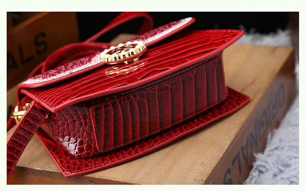 Bolsos de Mano para Mujer Bolso Bandolera de Piel auténtica roja con Estampado de cocodrilo Bolsos de Mano portátiles