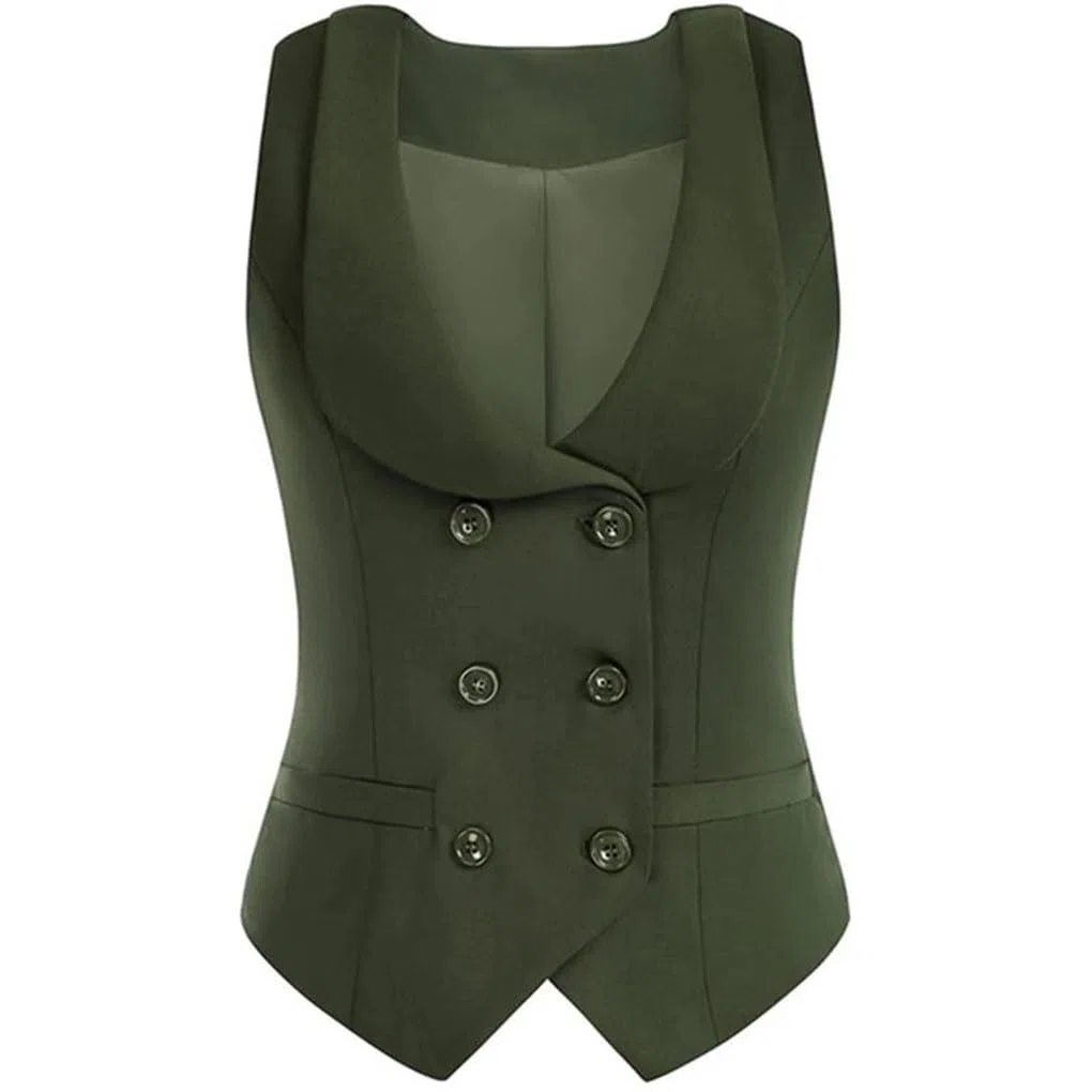 Chaleco para mujer, cuello de solapa, doble botonadura, elegante, chaleco de negocios, oficina, ropa de trabajo formal