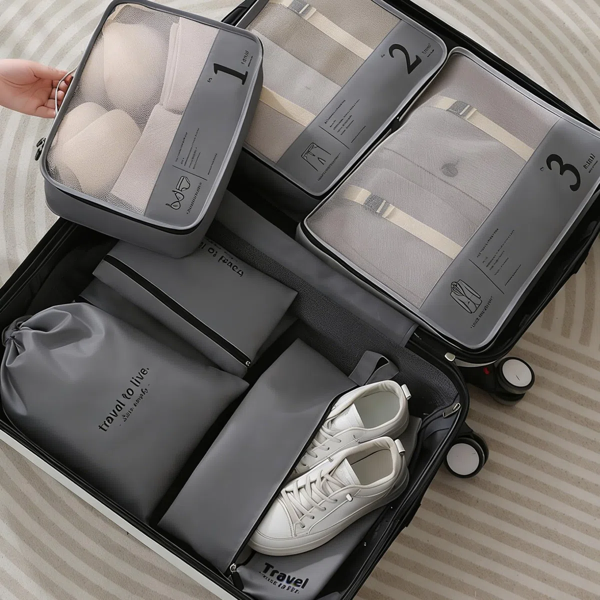 Juego de 7 cubos para maleta, organizadores de equipaje ligeros, accesorios de viaje, organizadores de maleta de compresión y cubos de viaje, para viajes, bolsas de equipaje para ropa