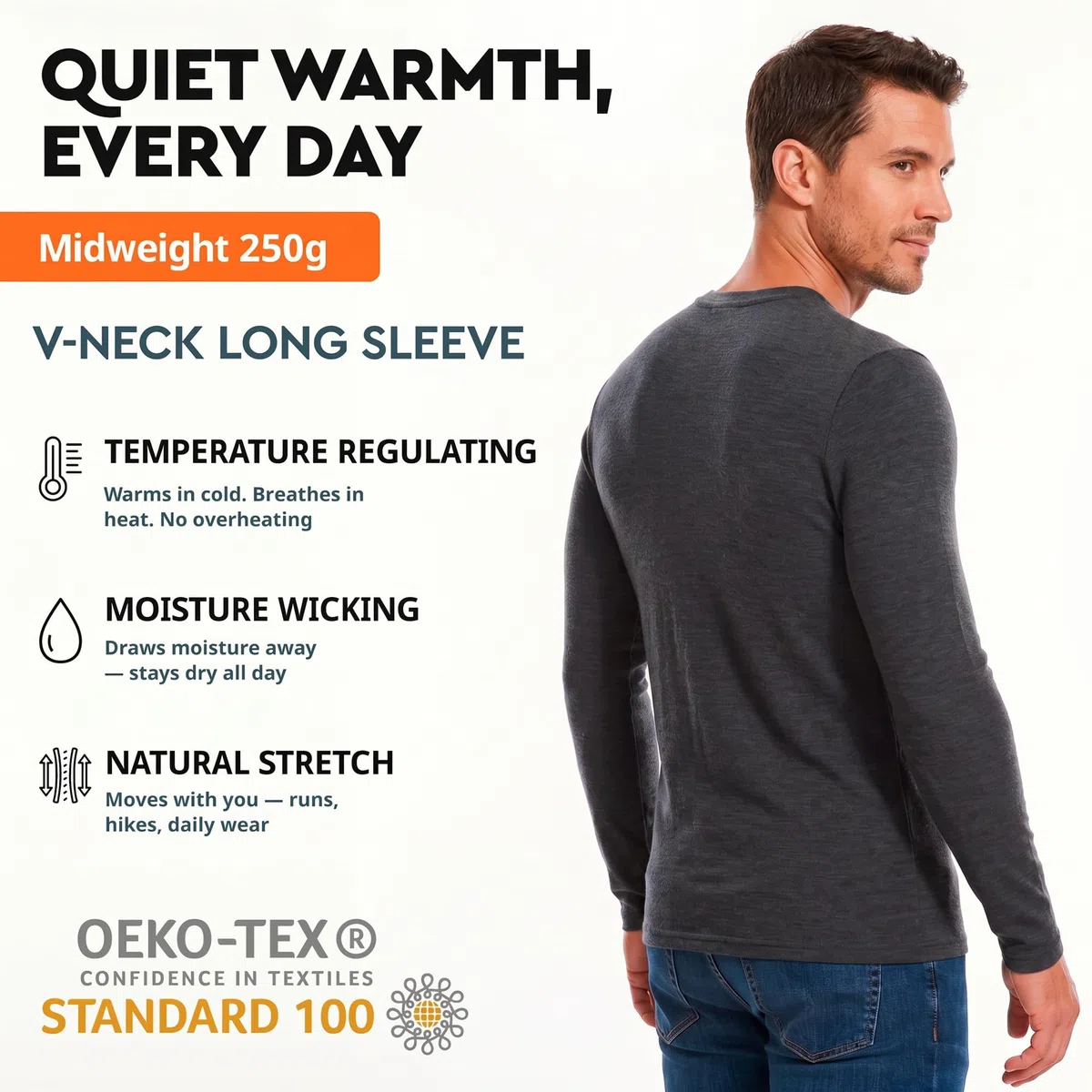 MERINNOVATION Camiseta térmica de lana merino para hombre, 100 % lana merino, manga larga