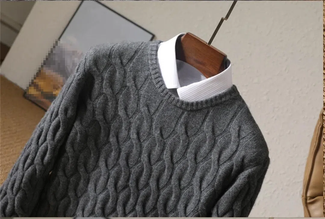 Jersey Trenzado con Cuello Redondo para Hombre, Suéter De Cachemira De Manga Larga Suelto De Punto