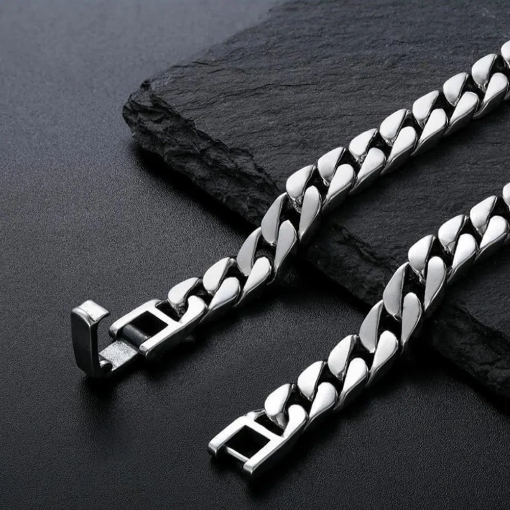 Pulsera de cadena de eslabones cubanos planos de plata de ley 925 para hombre, 8 mm, 10 mm, 12 mm, ancho 18 cm, 20 cm, 22 cm de largo
