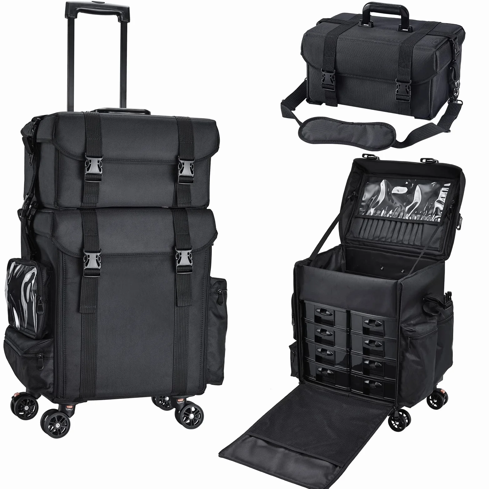 Maleta Maquillaje Profesional 2 en 1 Maletin Maquillaje con 8 cajones Maleta Cosmético Trolley Maquillaje con Ruedas Caja de Maquillaje Maletín de Uñas, Negro