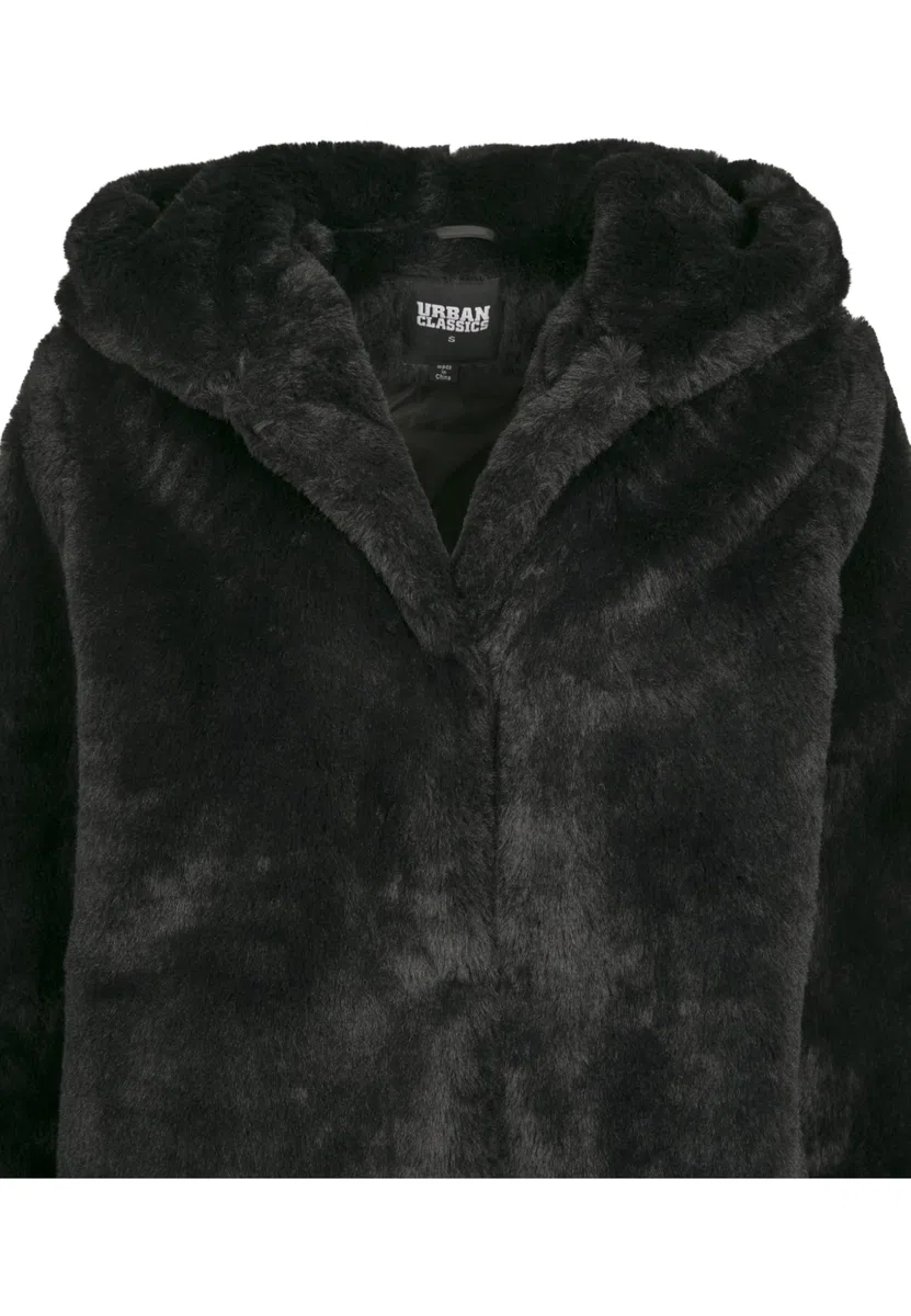 URBAN CLASSICS Abrigo de Pelo Sintético para Mujer con Capucha Grande, Chaqueta con Bolsillos Laterales y Cierre de Ojal, Tallas XS a 5XL