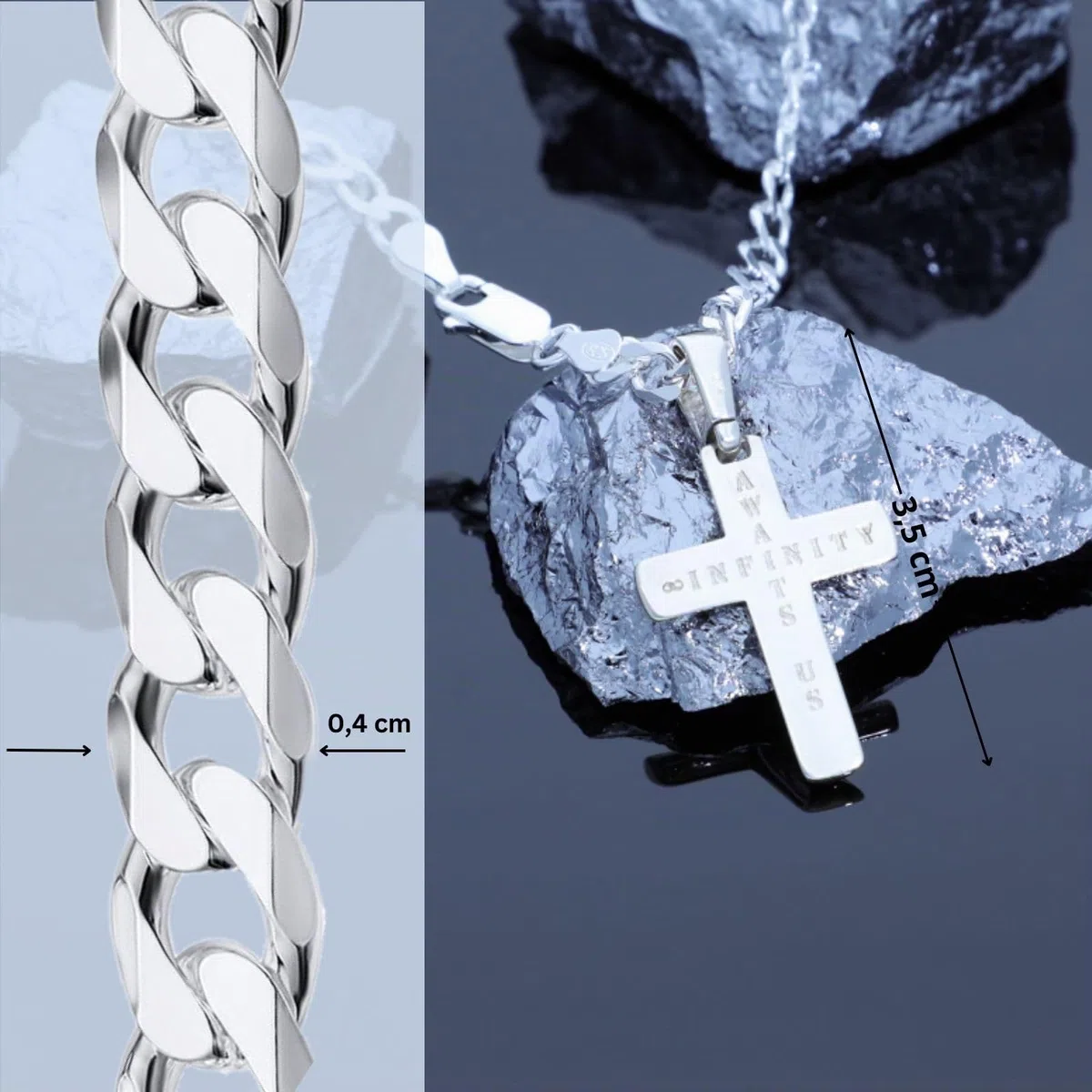 Cadena para hombre de plata 925 maciza con colgante de cruz de plata 'Infinity AWAITS US' – Ideal como regalo para marido o amigo – Incluye caja ecológica
