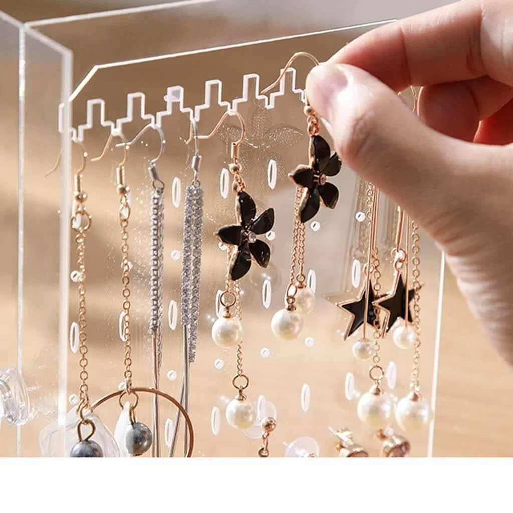 Organizador de Joyas de acrílico con 2 cajones y 3 colgadores para Pendientes, Transparente para Anillos, Collares y Pulseras.