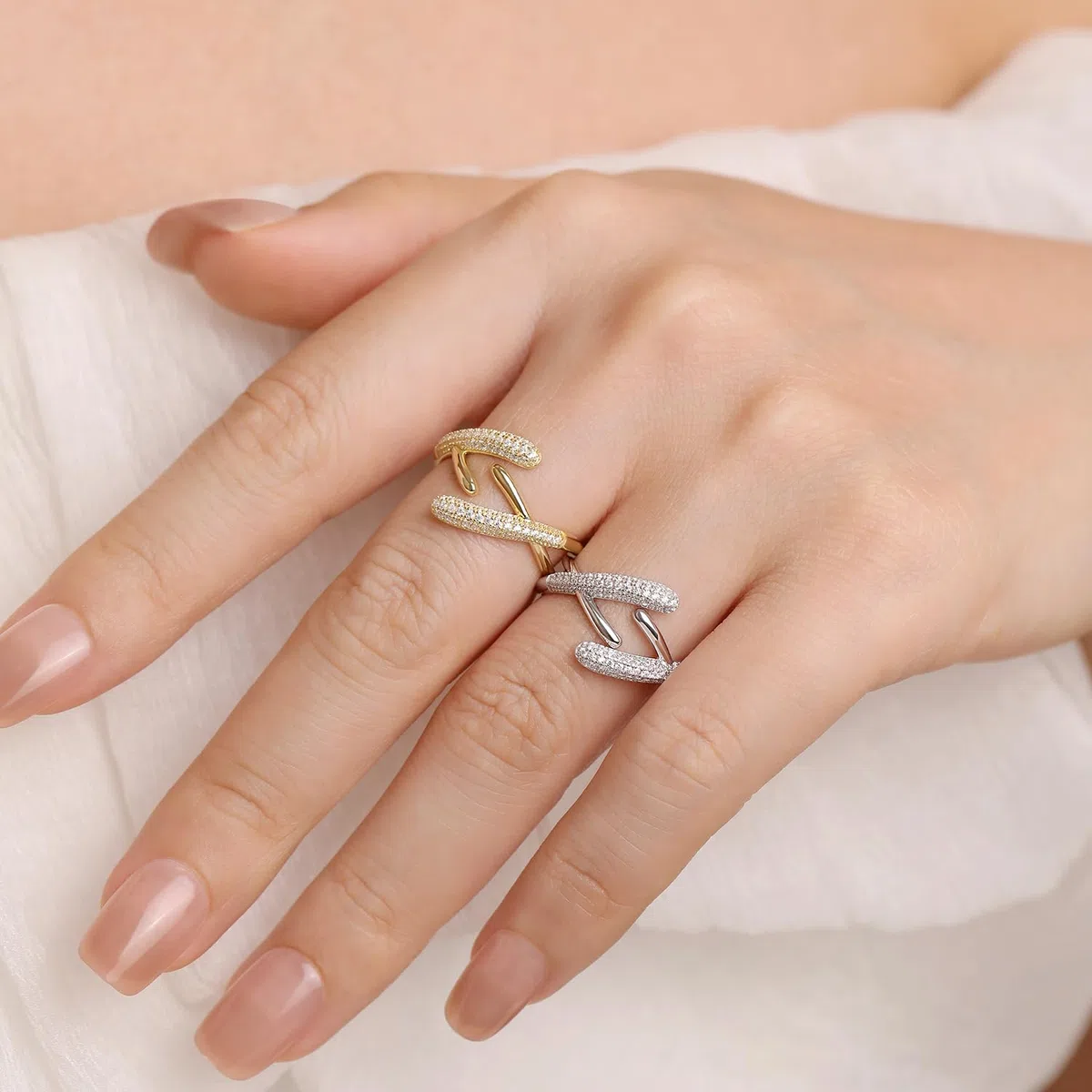 Meissa Anillo de mujer de plata 925 ajustable diseño cruzado elegante anillo grueso en oro y plata joyería para San Valentín aniversario boda cumpleaños regalo para novia anillo hecho a mano