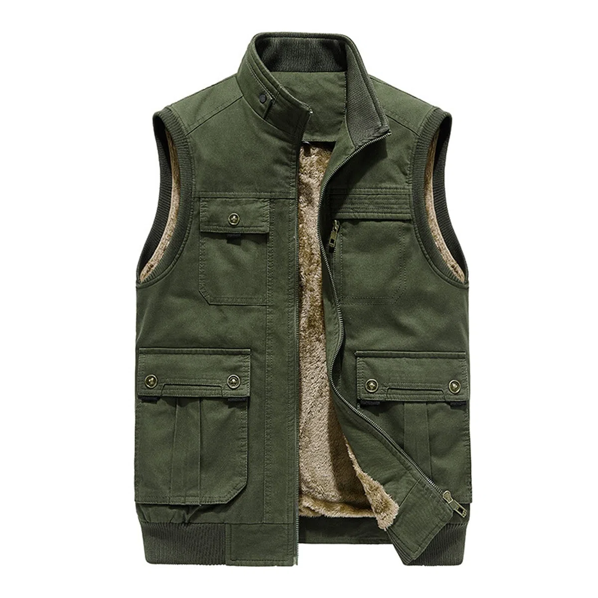 Hombre De Algodón Fleece Grueso Gilet Chaleco Outwear Outwear Outdoor Casual Zip Up Pesca Cálido Hombre Chaqueta Multi Pocket Gilet Armygreen-XL