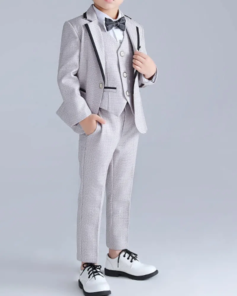 DAIHAN Infantil Traje de niño Actuación Boda Cumpleaños Fiesta Ceremonia Ropa Formal Conjunto de Smoking Chaleco de Vestir Blazer intura Elástica Pantalones Elegantes con Pajarita 2-7 años
