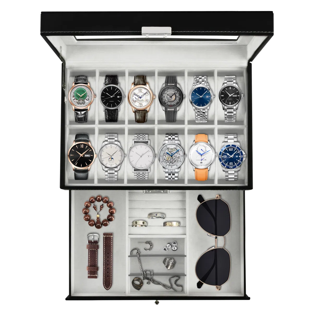Ogrmar Cajas de almacenamiento de relojes de piel sintética con 12 ranuras, caja de almacenamiento de joyería para hombres y mujeres, organizador de 2 niveles con tapa de vidrio