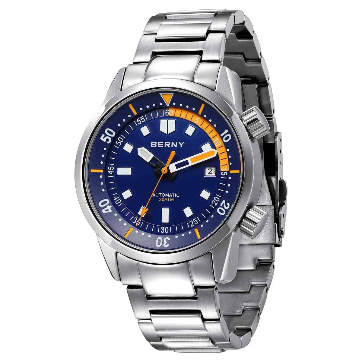BERNY Reloj Automático para Hombres Sumergible 20 ATM Mecánico con Vidrio de Zafiro, Cómoda Correa de Acero Inoxidable y Súper Luminoso