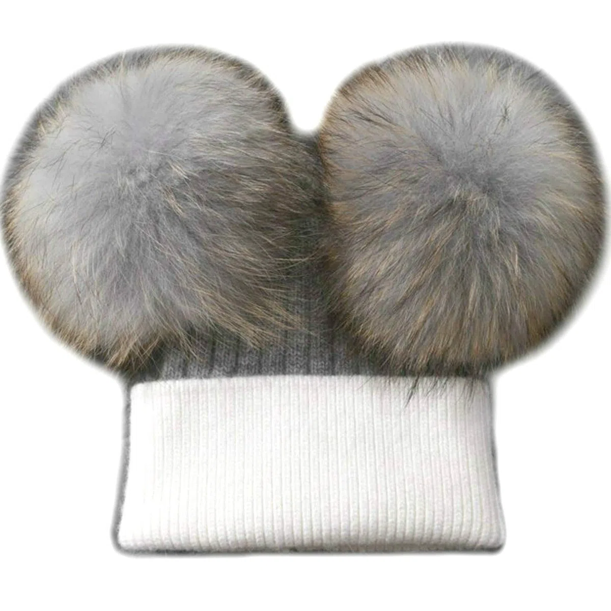 Gorro de cachemira de piel auténtica con doble pompón, para mujer, de invierno, para mujer gris y blanco Talla única