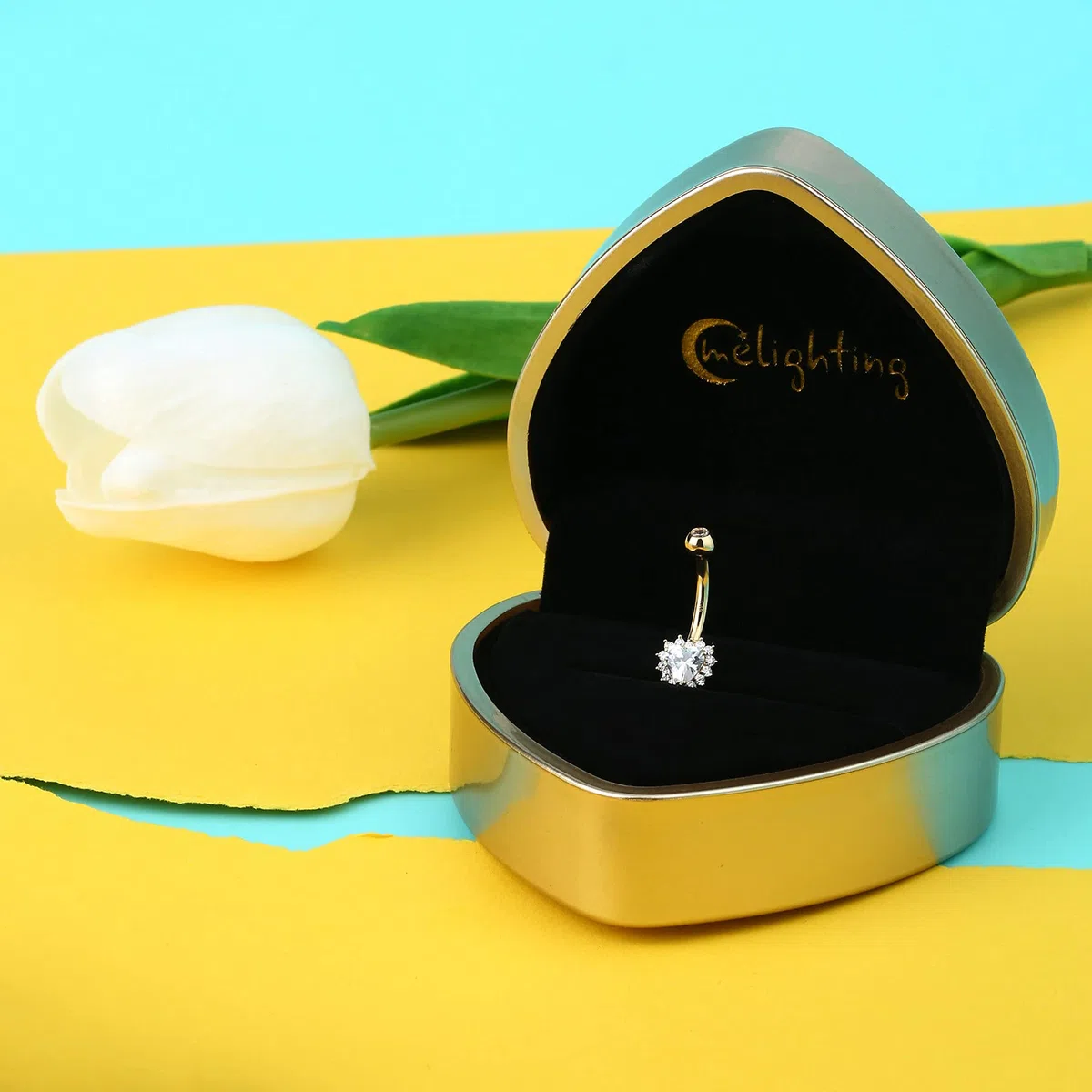 Melighting 16G Anillo en el ombligo, Oro amarillo de 14 quilates Piercings Vientre, Navel Bars, Belly Piercing Bar, Piercings en el Ombligo