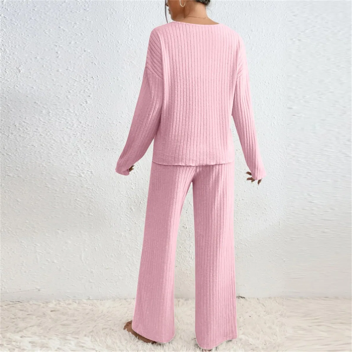 Loungewear - Conjunto de dos piezas para mujer, elegante pijama acanalado, ropa de casa, juego de pijama suelto, manga larga, cuello en V, parte superior de pierna ancha, pantalones, ropa de dormir