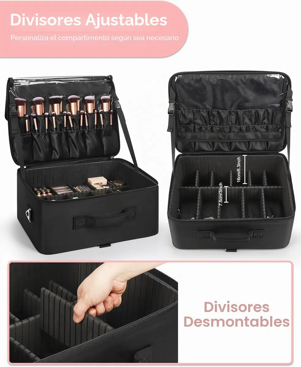 Maletín de maquillaje, organizador de cosméticos profesional con soporte para brochas, Negro , XXL, Fallow