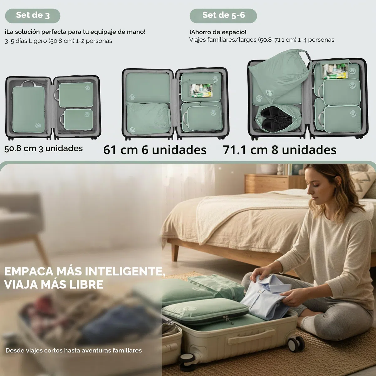 Cipway Bolsas Compresion Viaje, Diseño de Malla Impermeable Ligero y Duradero Bolsas de Viaje Organizador para la Mochila Maletas de Almacenamiento en el Hogar(Verde salvia, 8 Unidades)