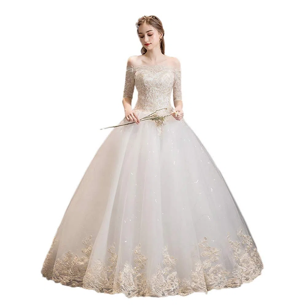 Vestido de Novia Y Dama de Honor Vestido de Noche Femenino de Manga Larga Bordado de Chiffon de Cintura Alta, Blanco, m