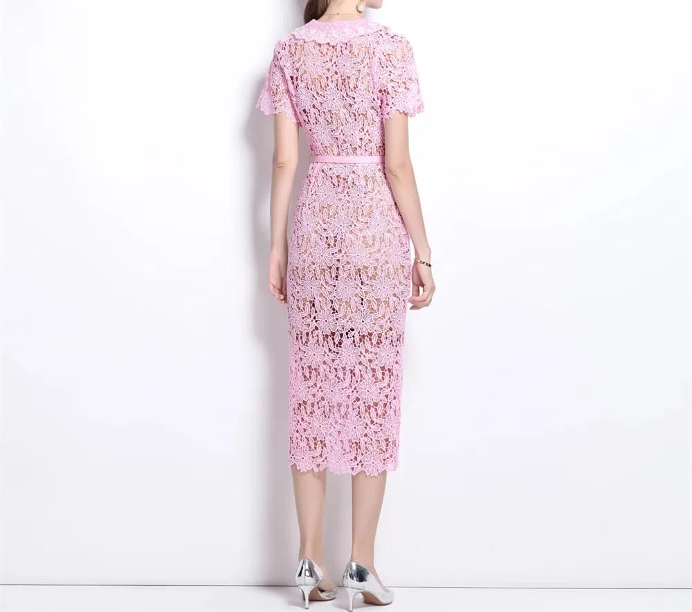 Vestido de encaje de verano for mujer - Vestido ajustado midi de manga corta for bodas, fiestas y días festivos - Rosa M(6)