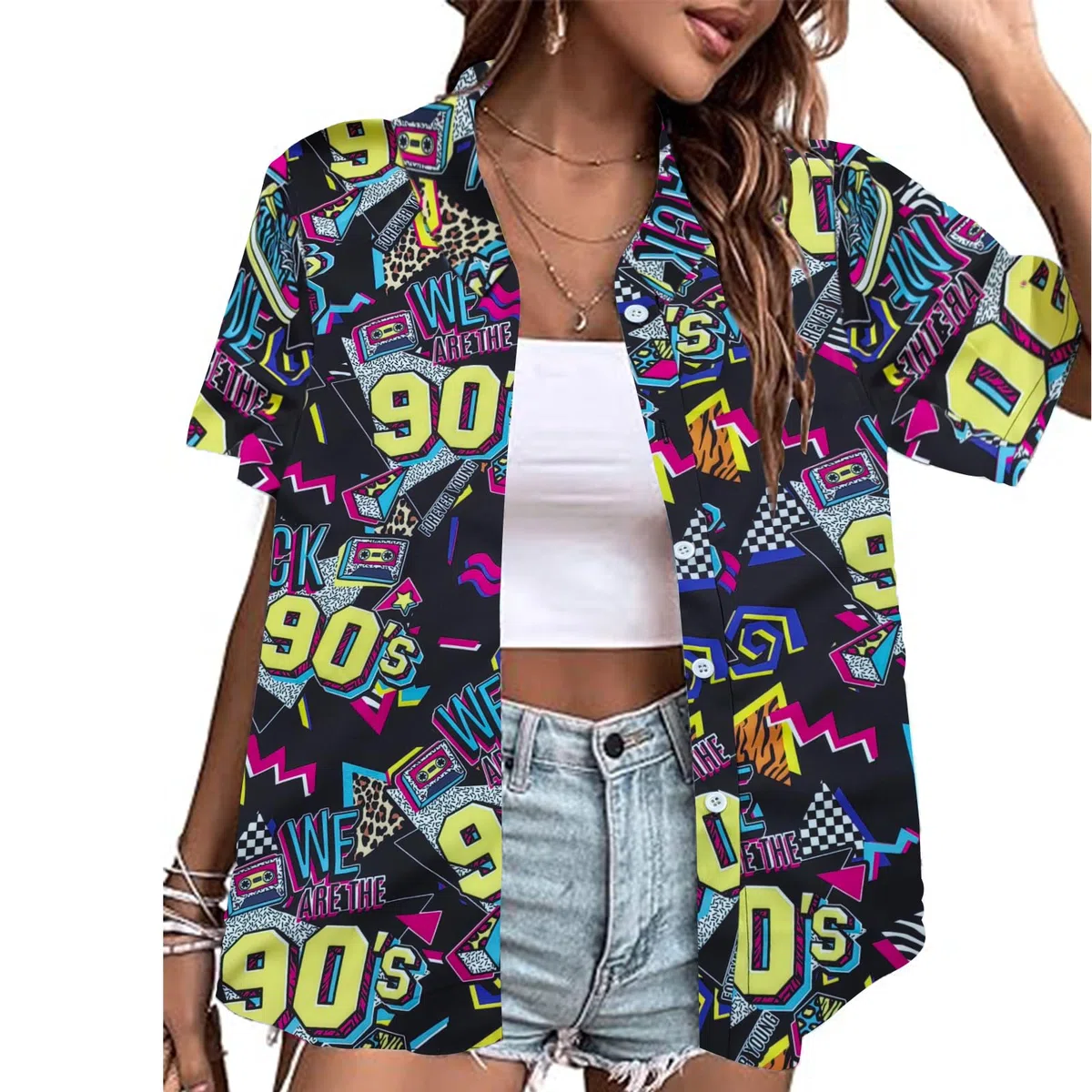 Trajes de los años 80 y 90 para mujer, camisa temática de fiesta de los años 80, camisa hawaiana con botones, camiseta retro de discoteca de neón | Disfraz retro de neón de los años 80, blusa hawaiana con botones