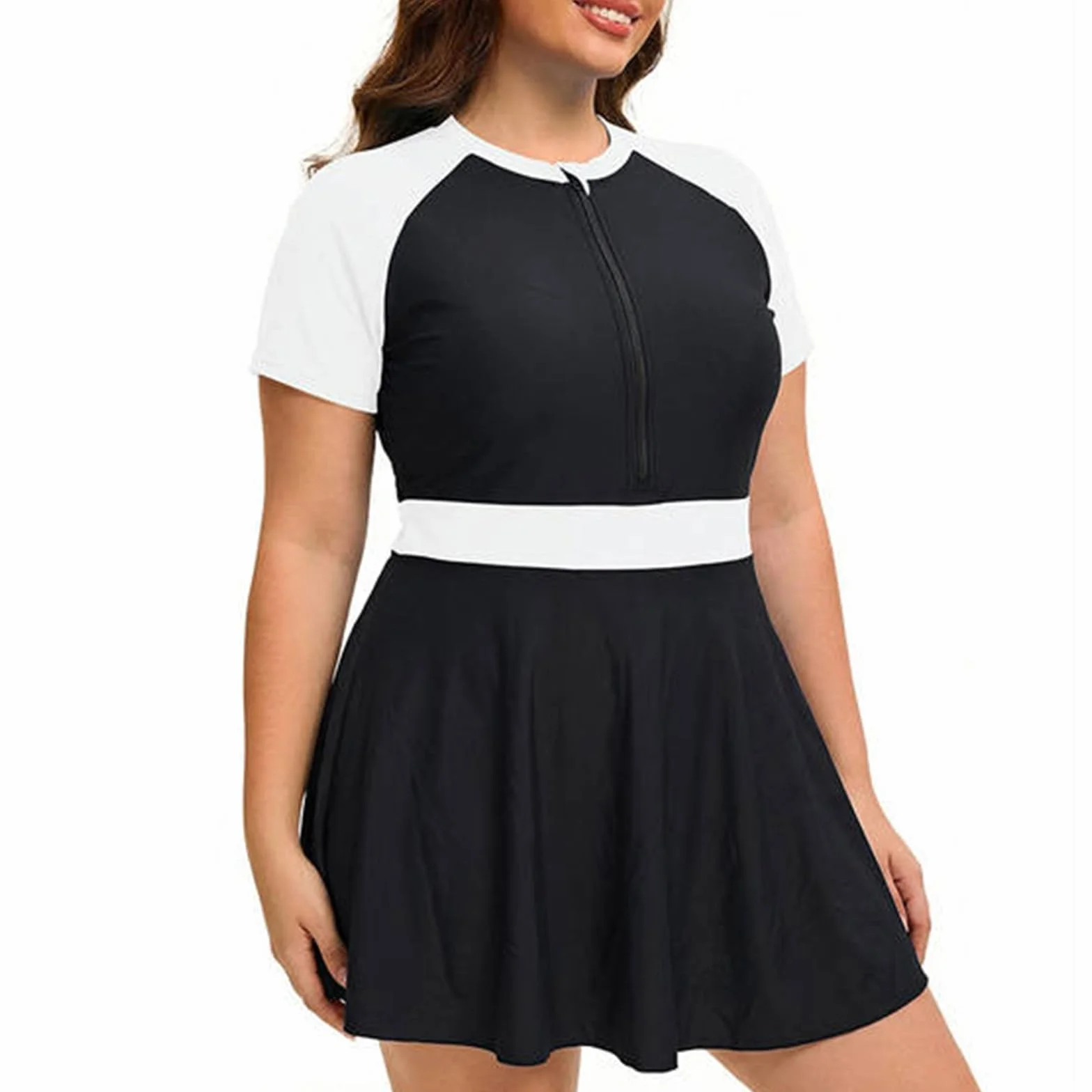 Traje baño Vestido Talla Grande Manga Corta Cremallera Shorts Mujer Dos Piezas