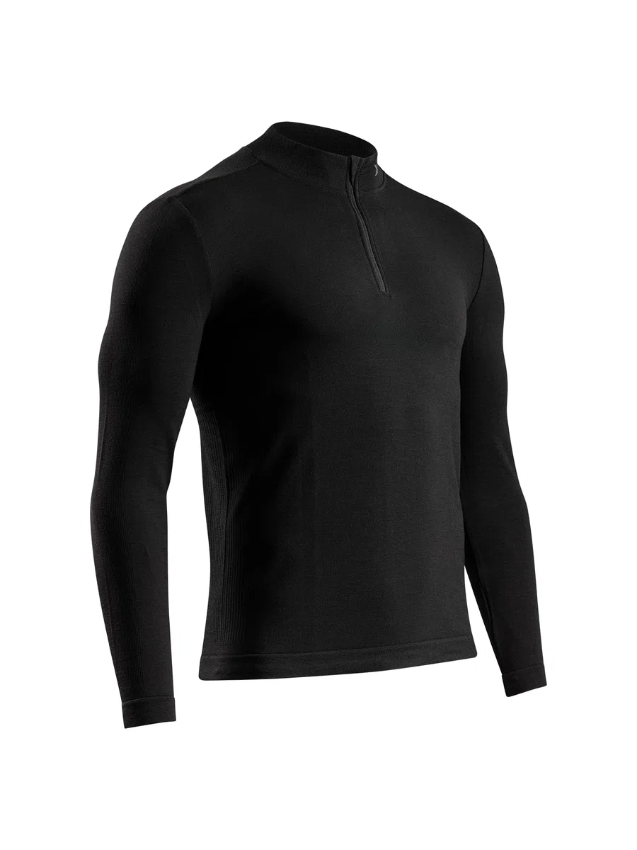 X-Bionic Camisa Manga Larga Hombre MIGHTYWOOL con Media Cremallera, Merino, Termorregulación y Control de Humedad para Deportes de Invierno y Alpinismo, Negro L