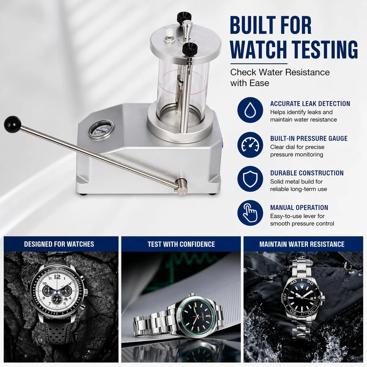 Probador de presión subacuática para reloj, herramienta de comprobación impermeable de 0,3 a 0,6 bar, marco de aluminio, sellos de goma para reloj electrónico de cuarzo mecánico