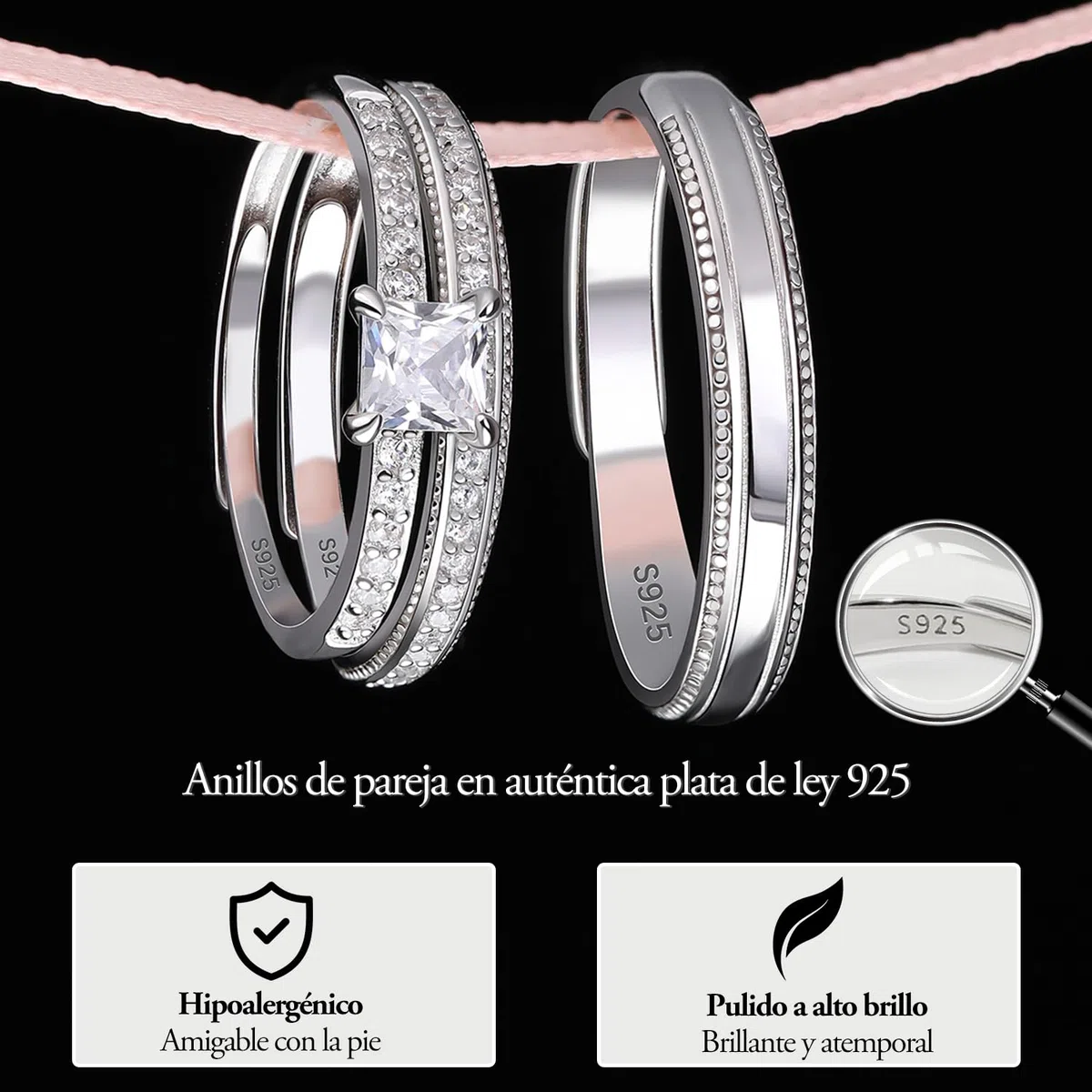Meissa Set de 3 Anillos de Compromiso Alianzas de Plata Pareja de Ley 925 Zircón Corte Princesa Anillos Ajustables para Pareja Anchos