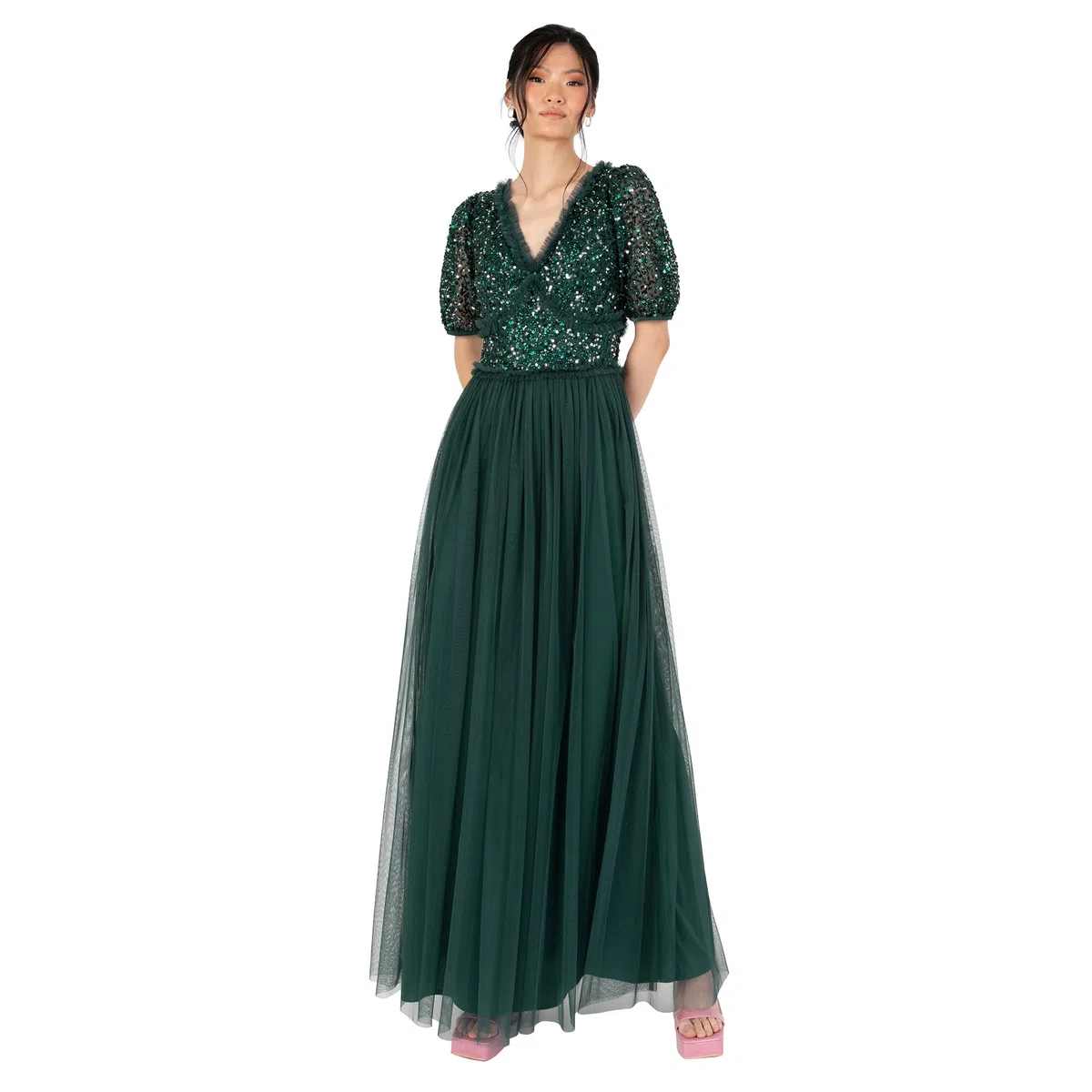 Maya Deluxe Women's Maxi Dress Ladies V-Neck Short Sleeve Sequin Embellished Tulle Ruffle For Wedding Guest Bridesmaid Ball Gown Vestidos para Mujer
