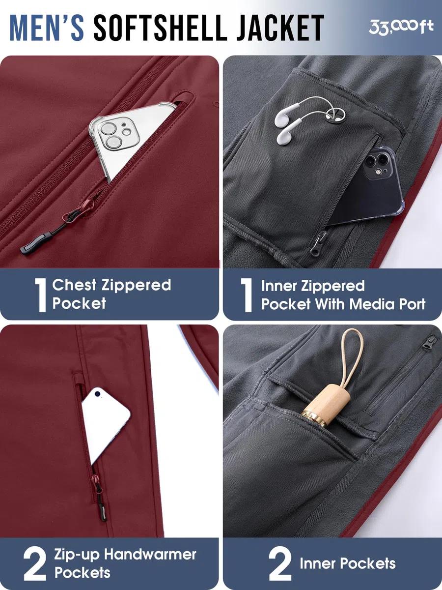 33,000ft Chaquetas impermeables para hombre, forro polar, chaqueta softshell, múltiples bolsillos, abrigo resistente al viento con capucha desmontable