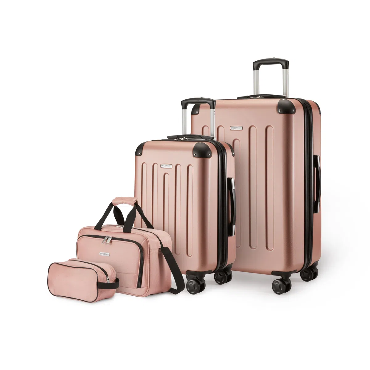 Amazon Basics Equipaje de Mano rígido con Ruedas, Juego de 4 Unidad, Maleta Grande, Bolsa de Mano y Viaje compacta, Ampliable, 4 Ruedas giratorias, Oro Rosa