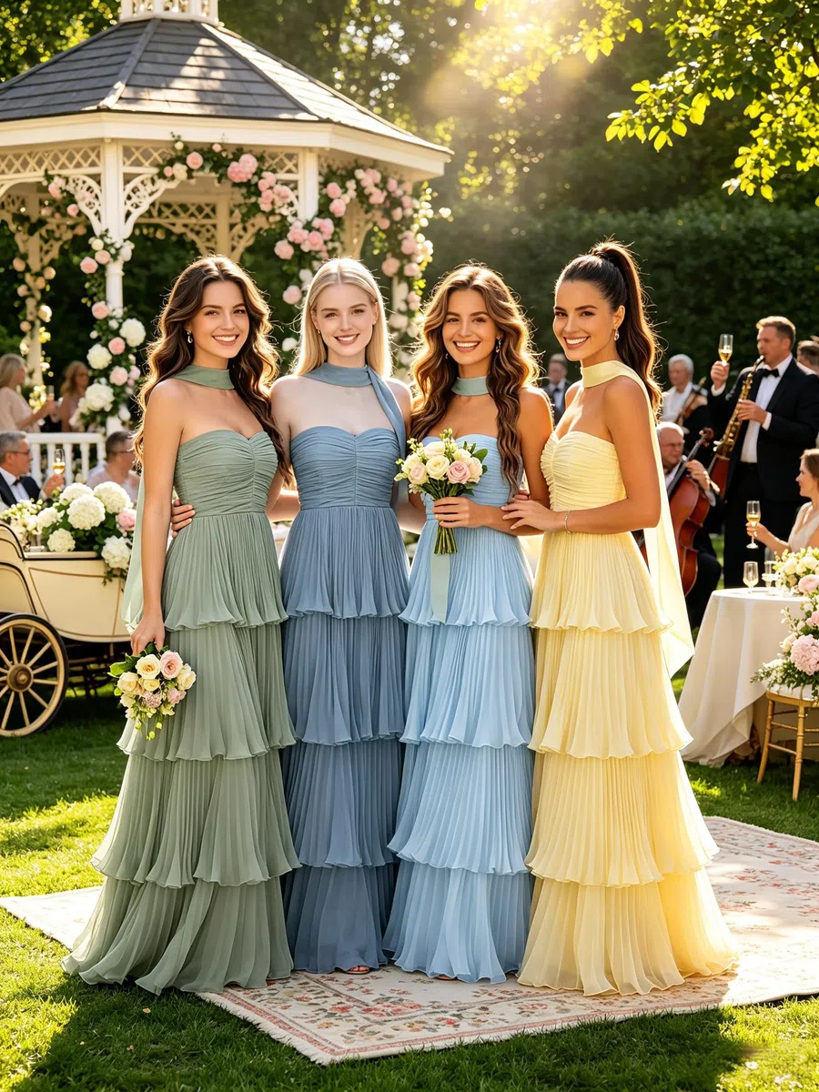 Vestidos largos de dama de honor de gasa sin tirantes escalonados con bufanda | Vestidos de graduación para mujer, vestido de invitada de boda, maxi plisado, formal, vestido de fiesta de noche con bufanda