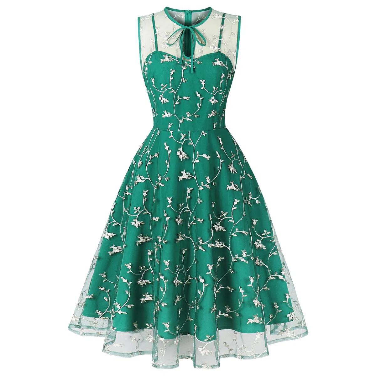 Vestido bordado floral sin mangas para mujer, vestido de tul bordado de flores, vestido de graduación, ilusión de malla, abertura de cerradura, boda, fiesta, té
