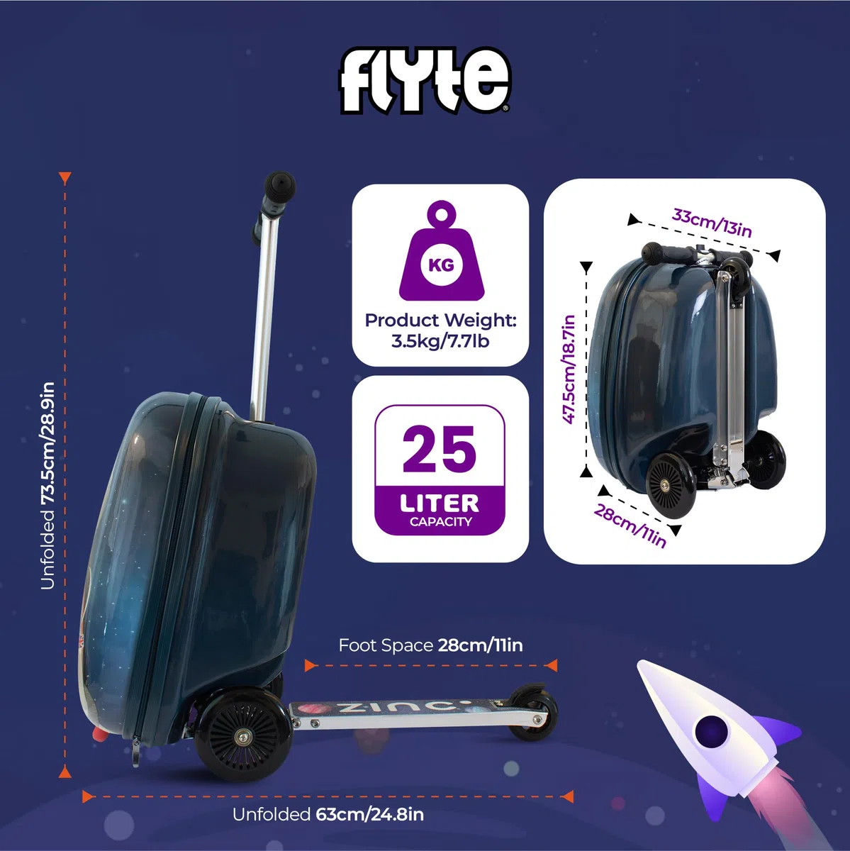 Flyte Maleta Plegable para niños, con Carcasa rígida, con Ruedas, 2 en 1, 18 Pulgadas, Capacidad de 25 litros